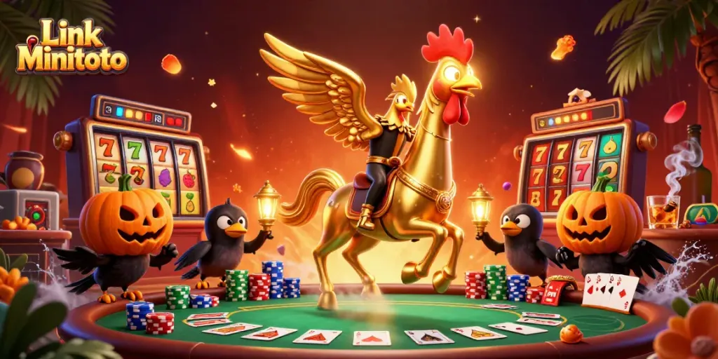 Permainan slot menarik dari Link Minitoto dengan karakter unik dan suasana kasino yang hidup.