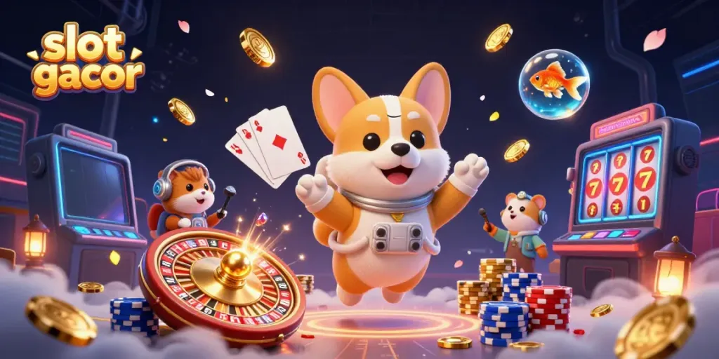 Slot gacor dengan ilustrasi corgi astronot dan karakter unik di kasino luar angkasa.