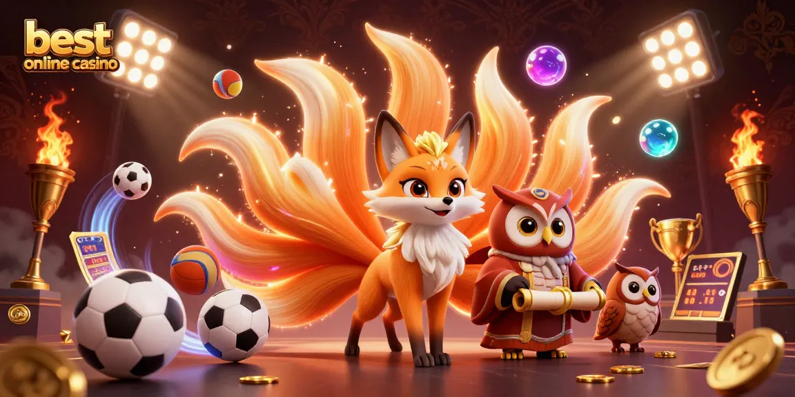 Experience the best online casino with a vibrant 3D illustration of a colorful fox spirit and wise owl sage amid dynamic sports elements.