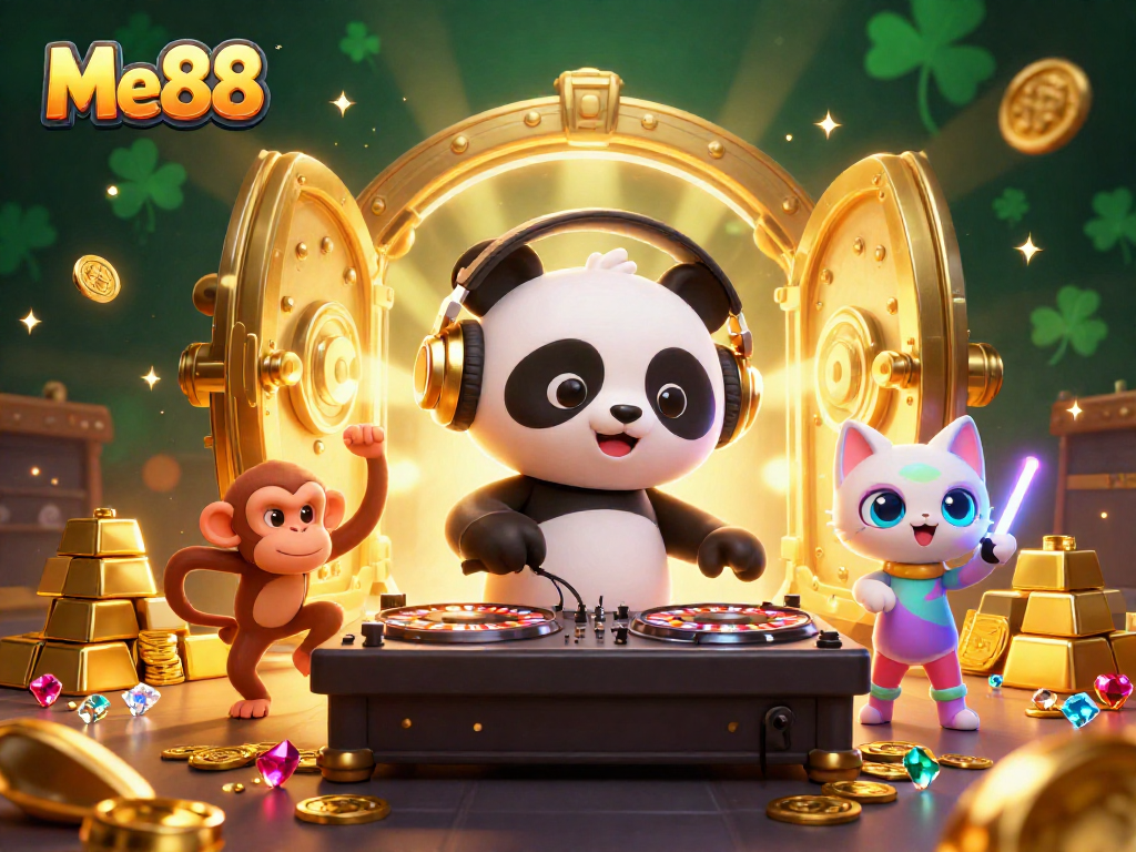 Join the excitement at Me88, where a DJ panda spins and playful characters celebrate in a vibrant casino scene.
