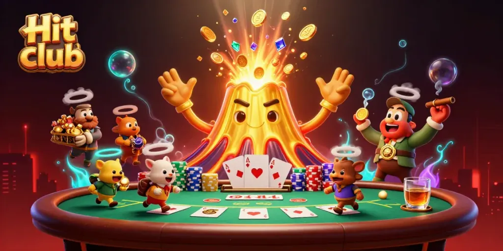 Experience the thrill of the Hit club with a jubilant golden volcano spilling treasures while tiny explorers rush to grab their winnings.
