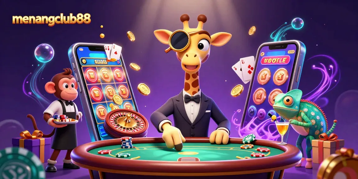 Experience the thrill with menangclub88 as a giraffe high-roller enjoys poker while vibrant gaming elements come alive.