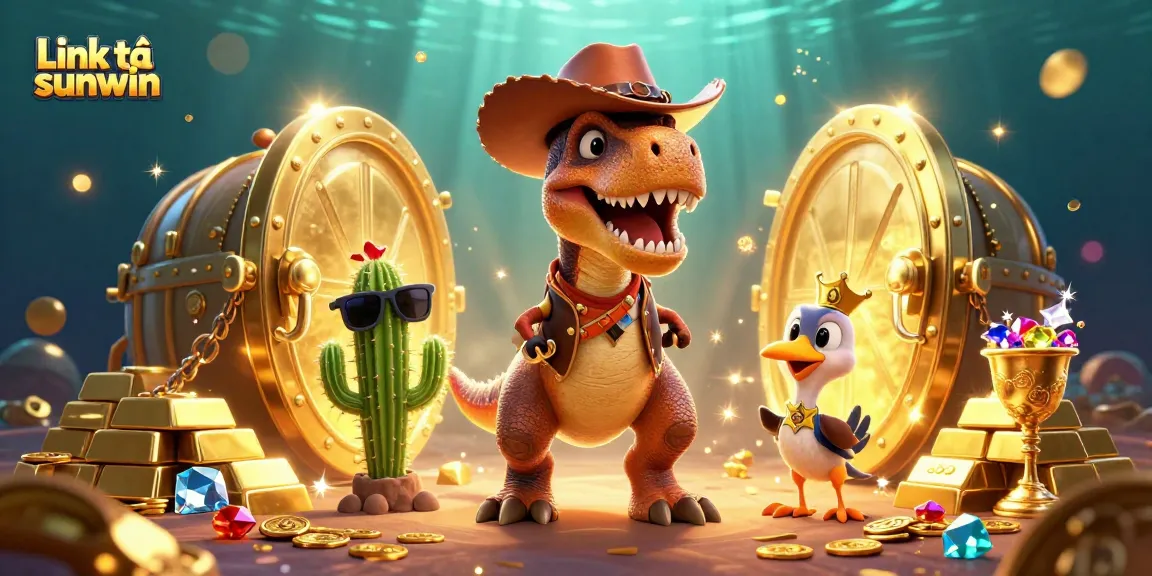 Experience the thrill with Link tải sunwin in this vibrant 3D casino scene filled with treasures.