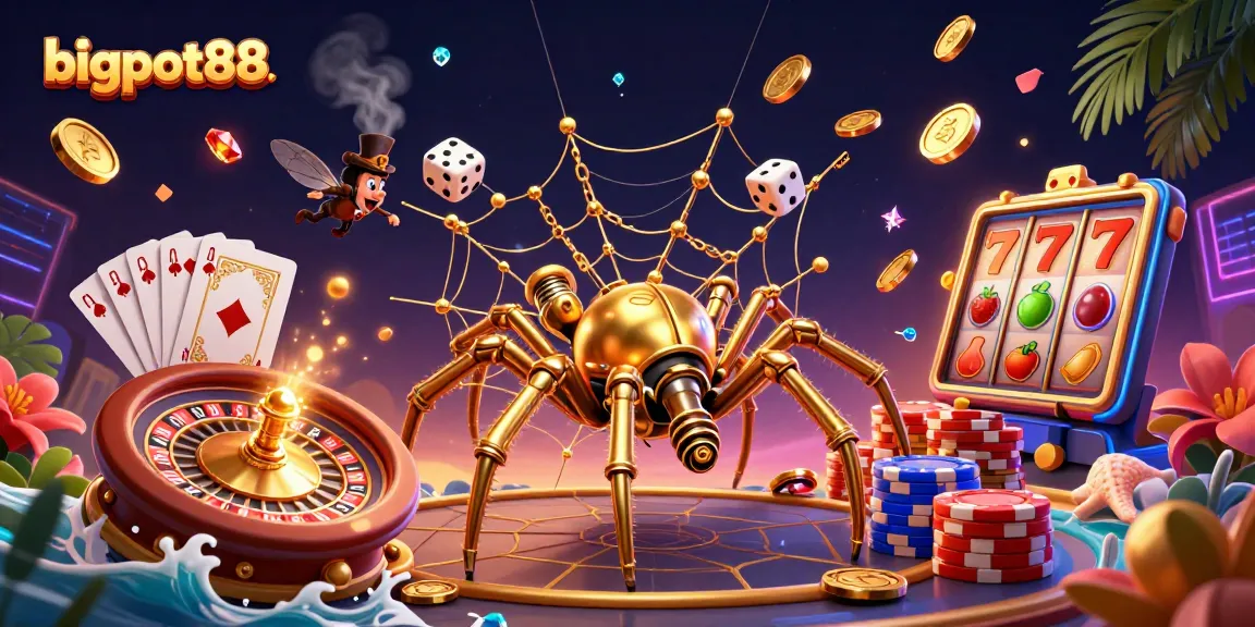 Experience bigpot88 with a vibrant 3D steampunk casino scene featuring golden spiders and roulette wheels.