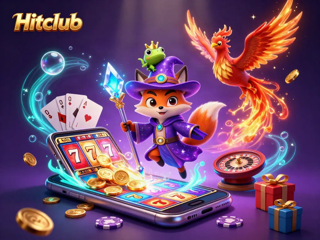 Hitclub ignites winning excitement with 3D wizard fox, phoenix, and slot game treasures.