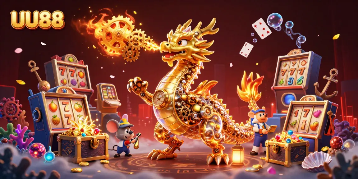 Spin to win at UU88 with colorful slot reels and a golden dragon breathing gears!