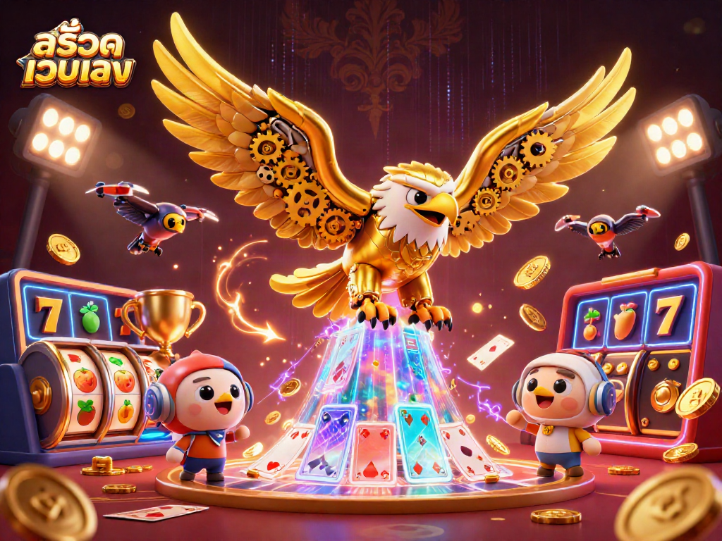 Play the exciting สล็อตเว็บตรง slots with a dynamic scene featuring golden eagle and holographic cards.