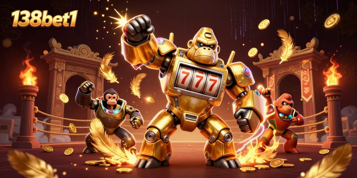 Experience thrilling action at 138bet1 with the golden gorilla mech smashing through exciting slot game elements.