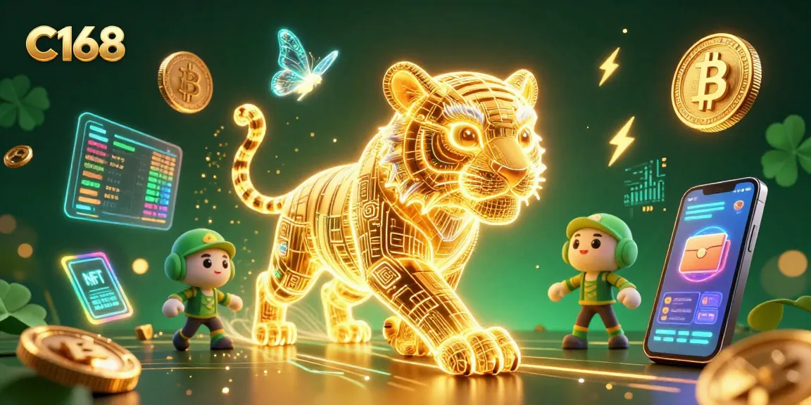 C168 offers thrilling gaming with a vibrant casino atmosphere featuring digital elements and a 3D glowing tiger.