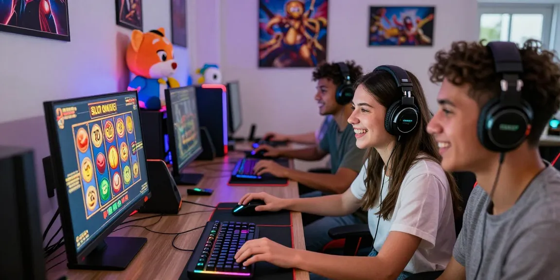 Excited friends enjoying SLOT ONLINE games together in a vibrant gaming space, showcasing immersive gameplay elements and modern accessories.