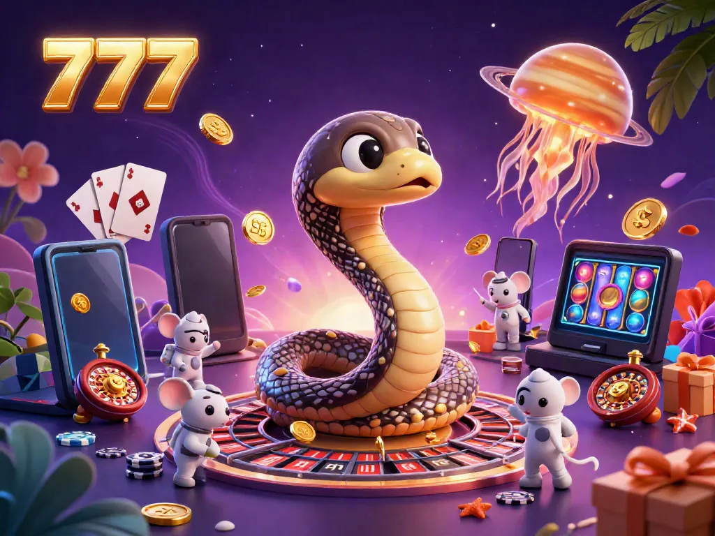 Mainan kasino 777 yang menampilkan ular Saturnus berputar dalam roulette dengan astronaut tikus bertaruh.
