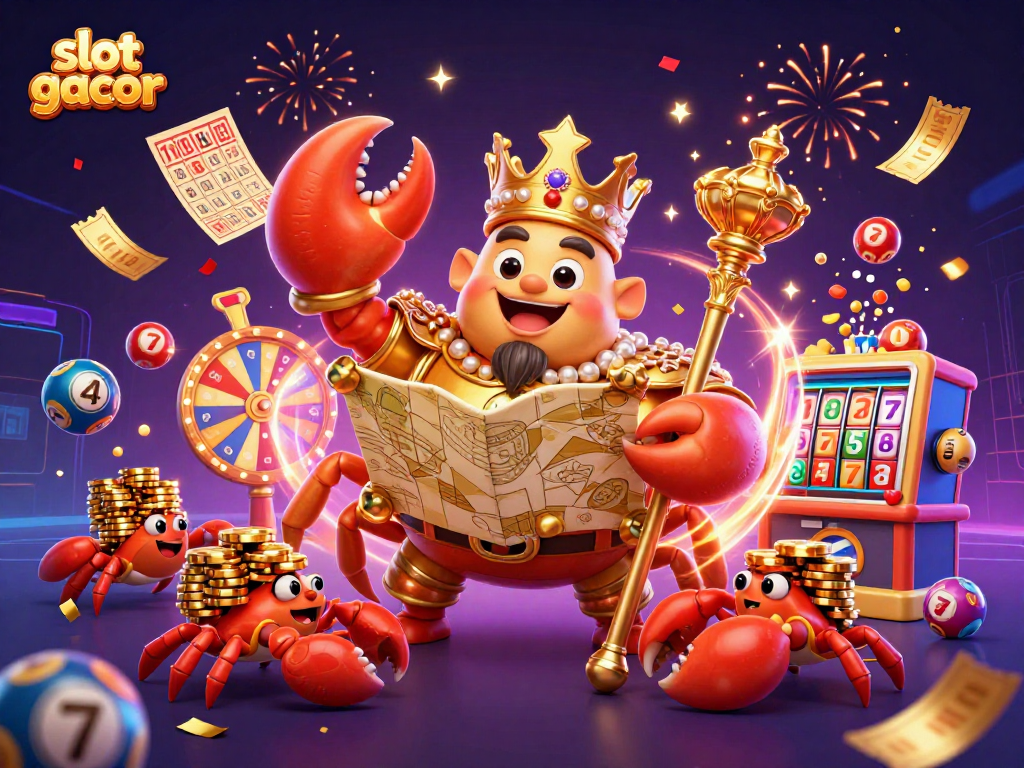 Experience slot gacor excitement with the golden crab emperor and vibrant casino elements in this dynamic illustration.