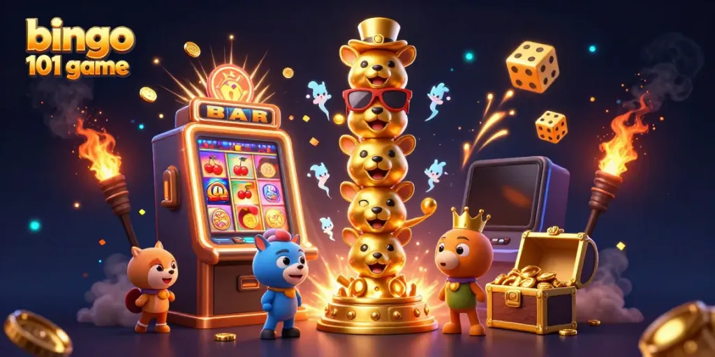 Experience the thrilling bingo 101 game with vibrant graphics, dynamic characters, and festive casino elements.