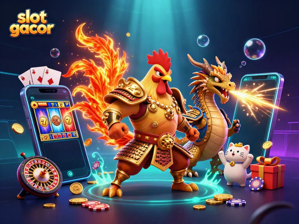 Experience slot gacor excitement with a vibrant 3D illustration of a rooster warrior and dragon amidst dynamic gaming elements.