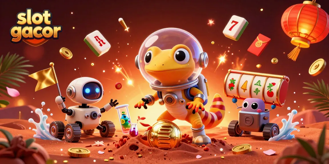 Experience the thrilling slot gacor adventure in a vibrant alien casino scene with a Martian gecko.