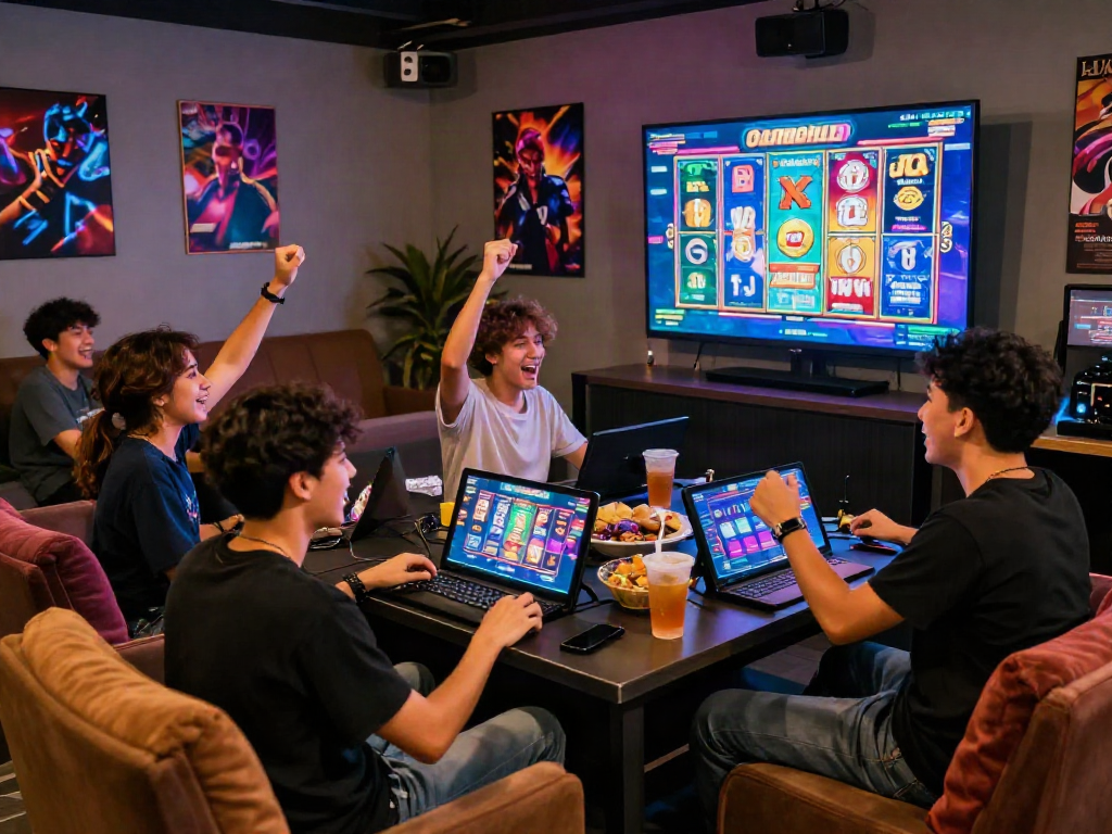 Exciting gaming lounge featuring friends celebrating a jackpot win on slot gacor game
