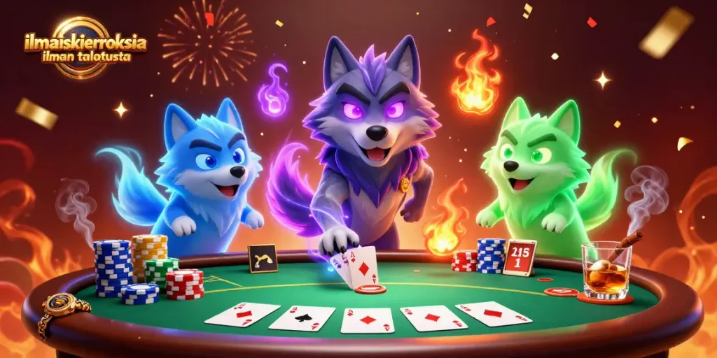 Ilmaiskierroksia ilman talletusta esittävä upea 3D-kuva, jossa on wolf-pakkaa ja kasinoelementtejä.