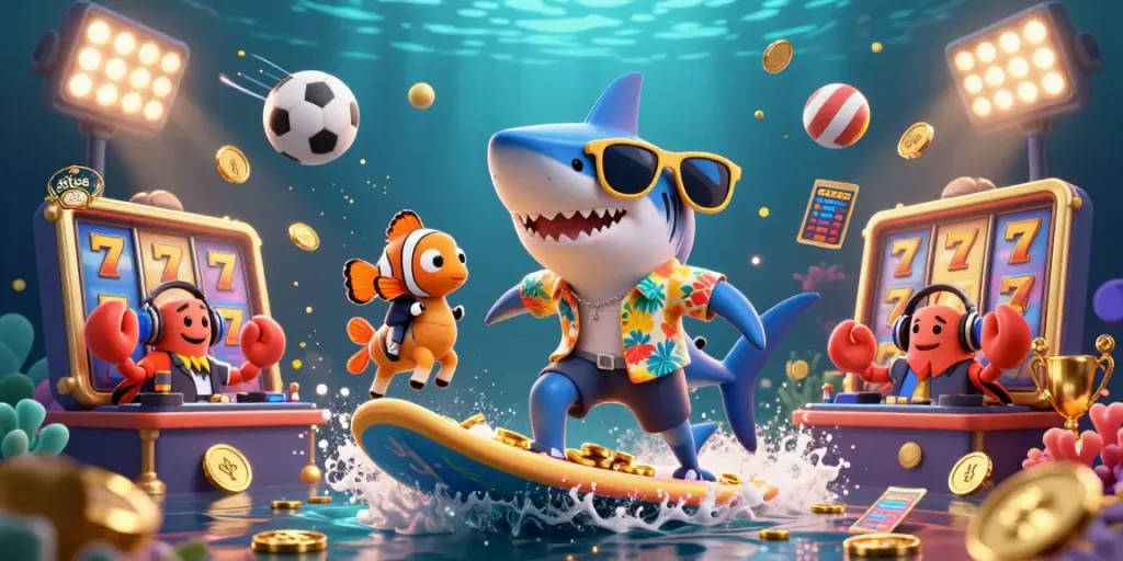 Permainan slot gacor dengan simbol 7 keberuntungan dan karakter animasi unik di pemandangan penuh warna.
