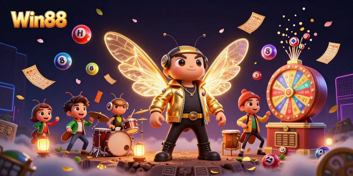 Experience Win88 with a vibrant 3D casino scene featuring a rock star cicada and dynamic lottery elements.