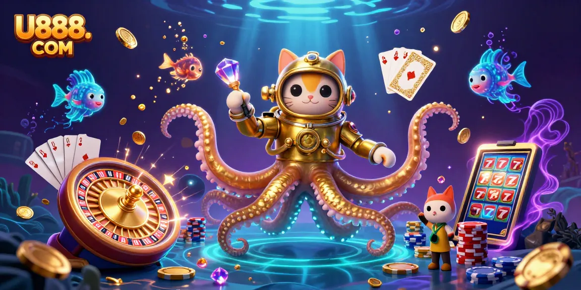 Unleash your luck at U888. COM with our vibrant casino adventure featuring a kraken and treasures.