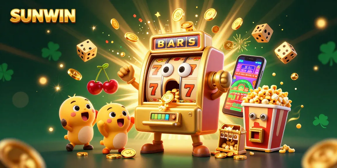 SUNWIN cartoon slot machine hitting a jackpot and pouring coins, with vibrant game elements and festive effects.