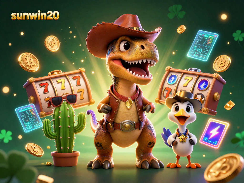Experience the exciting world of sunwin20 with a dynamic casino-themed 3D illustration featuring engaging characters and gaming elements.