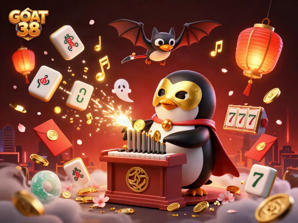 Engage with GOAT 38 in a vibrant, animated casino scene featuring a penguin and exciting slot elements.