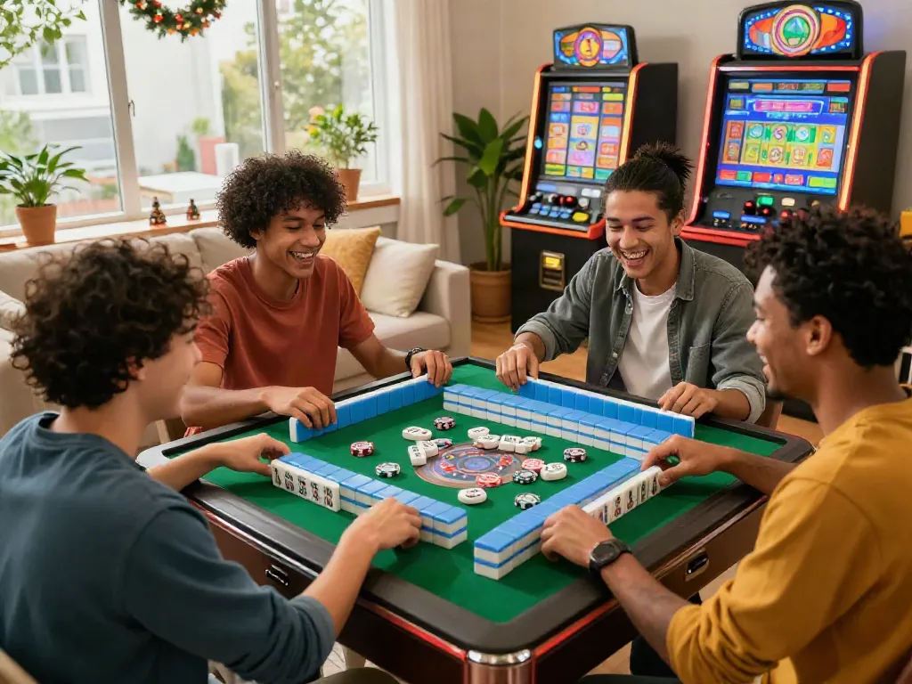 Permainan slot mahjong seru di ruang tamu dengan teman-teman bersenang-senang.
