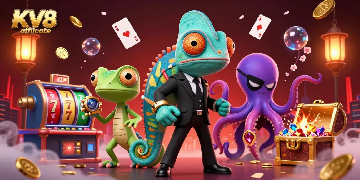 Experience the excitement of KV8 affiliate in a vibrant casino scene with animated characters and dynamic game elements.
