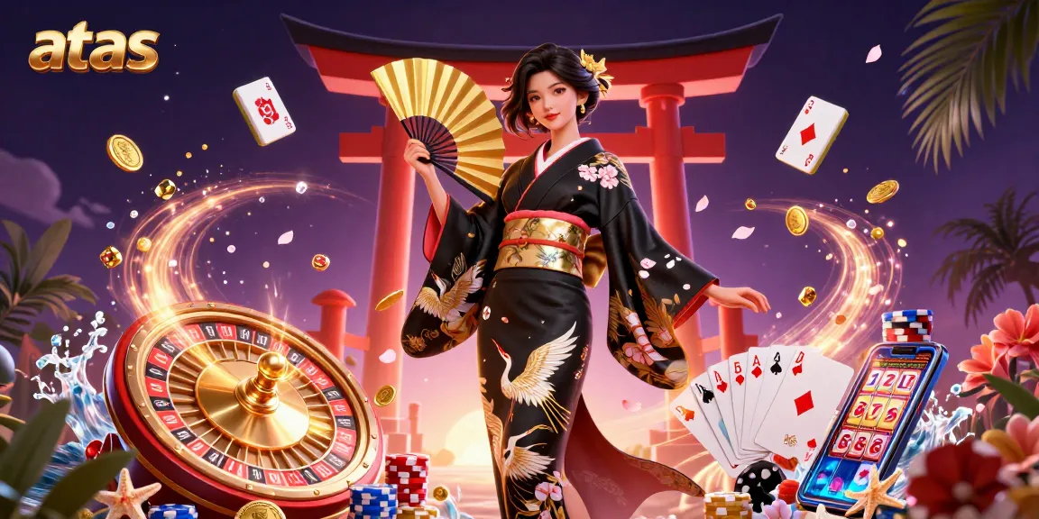 Win at atas casino with a glamorous Asian woman celebrating surrounded by golden coins and slot symbols.
