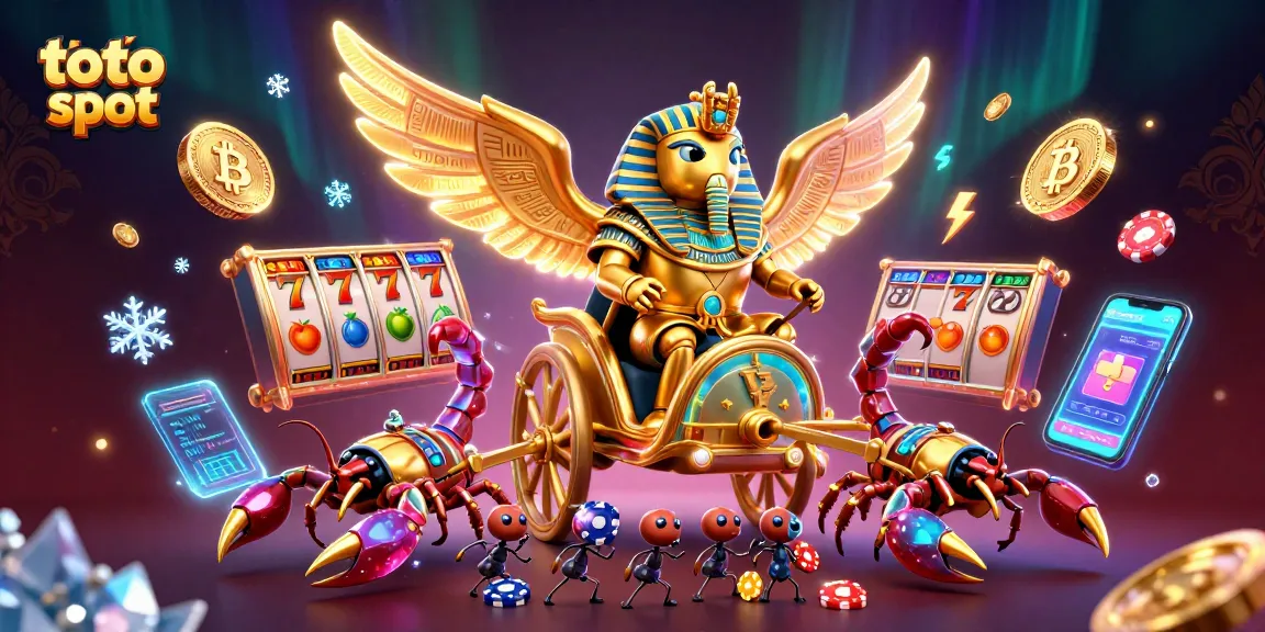 Experience winning with toto slot in a vibrant 3D casino illustration featuring a victorious beetle.