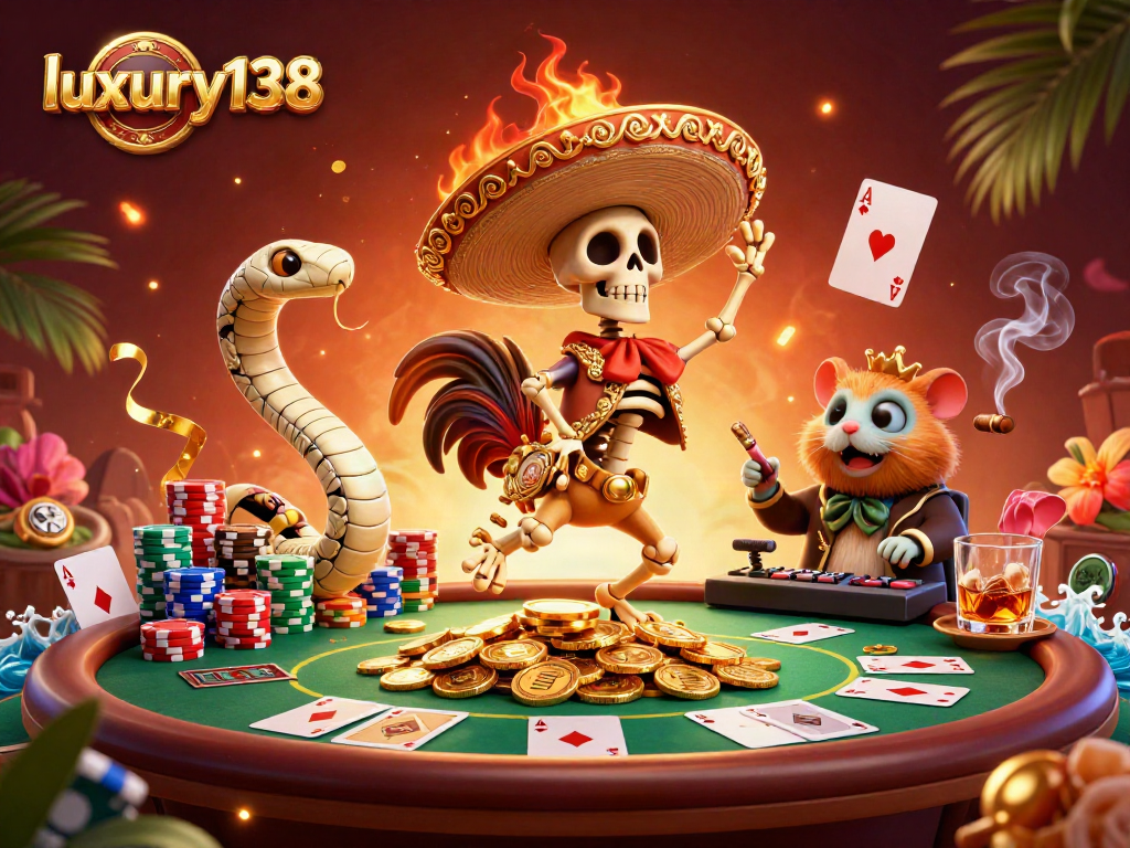 Merayakan momen kemenangan dengan luxury138 di kasino, menampilkan karakter lucu dan elemen poker yang kaya.