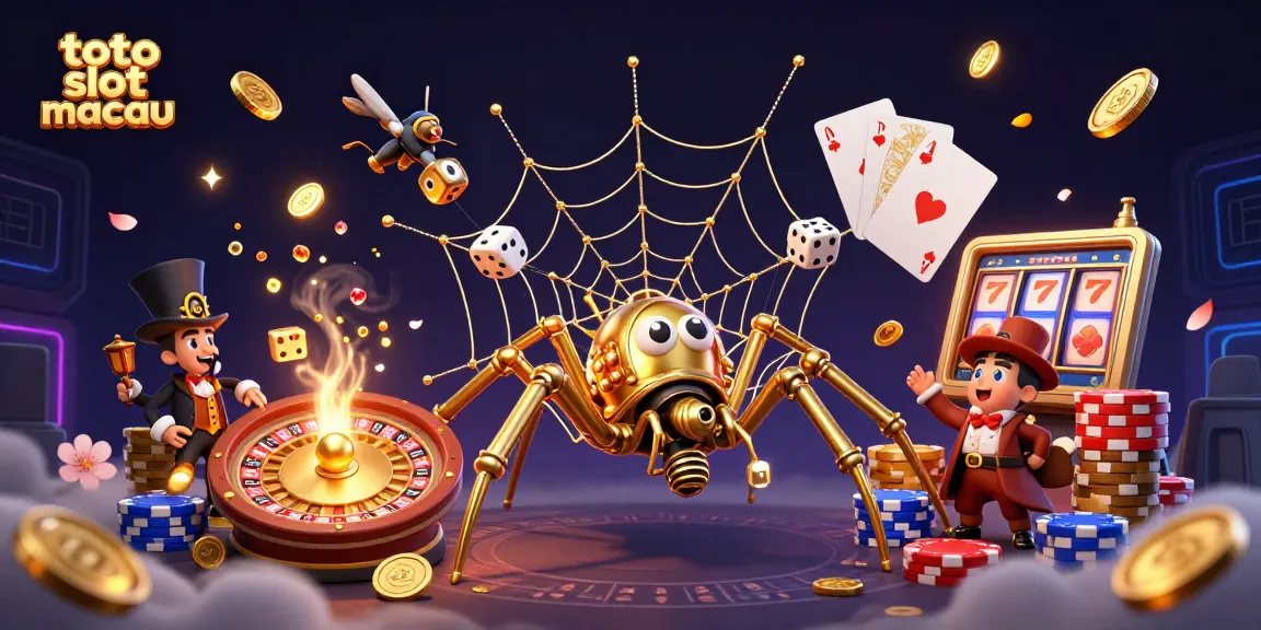 Experience the excitement at toto slot macau with a vibrant 3D illustration of golden slots and poker elements in action.