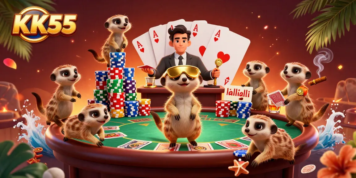 Engage with KK55 through an exciting 3D meerkat casino scene showcasing lively gaming action.