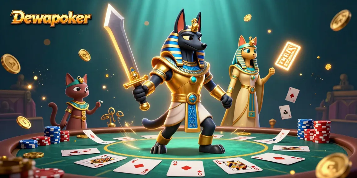 Dewapoker showcases an energetic poker scene with Anubis and Bastet in a vibrant illustration.