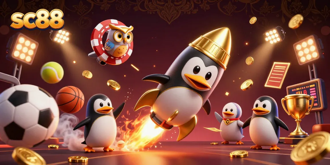 Experience thrilling gameplay with sc88 featuring a golden penguin racing towards a casino space station.