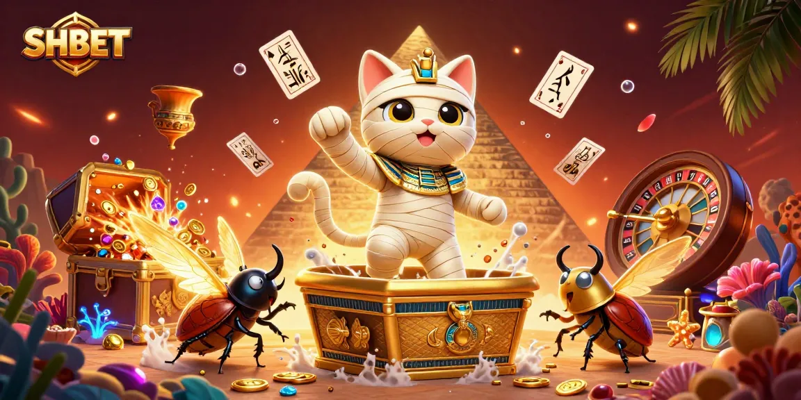SHBET offers thrilling gaming adventures with a dynamic cartoon scene featuring unique casino elements.