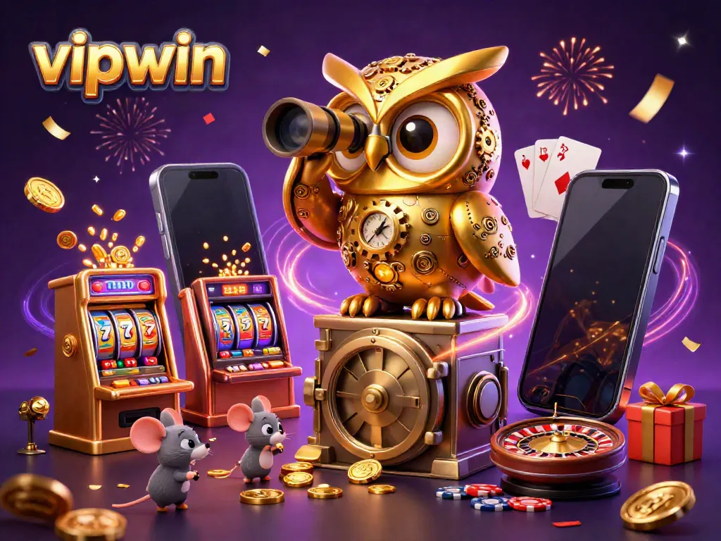 Engage with the thrilling world of vipwin featuring a dynamic casino scene of a golden owl and mouse patrons.