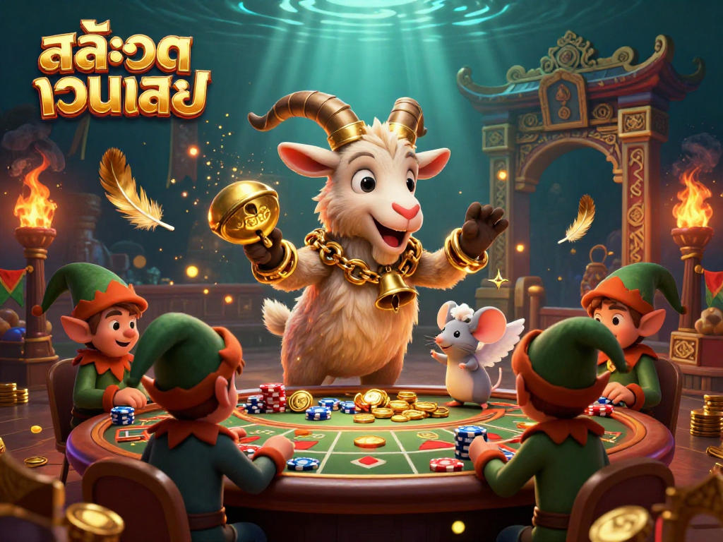 Experience the excitement of สล็อตเว็บตรง with a festive casino scene featuring a Krampus goat and clever cartoon characters.