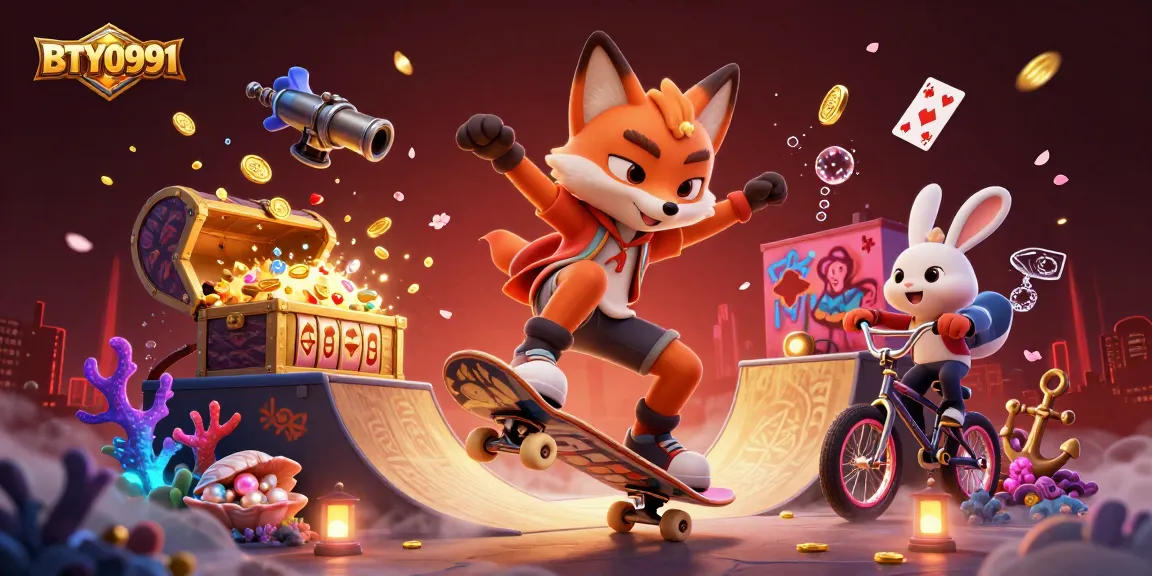 Experience BTY0991 with a vibrant 3D gaming scene featuring a skateboarder fox and exciting casino elements.