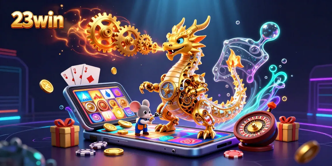 Engage with the thrilling gaming experience at 23win, featuring a golden dragon and captivating casino elements.