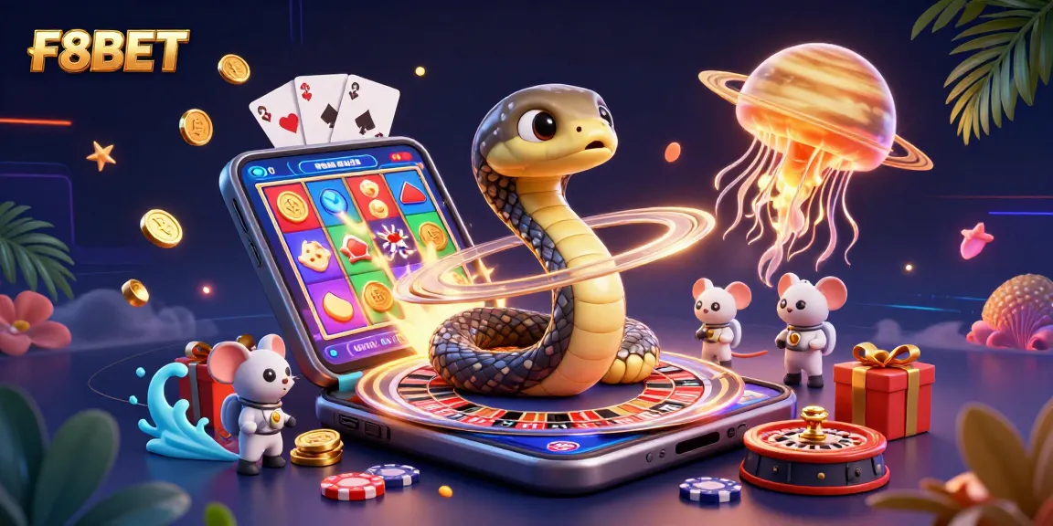 Experience F8BET's vibrant casino world with playful astronaut mice betting around a cosmic roulette.