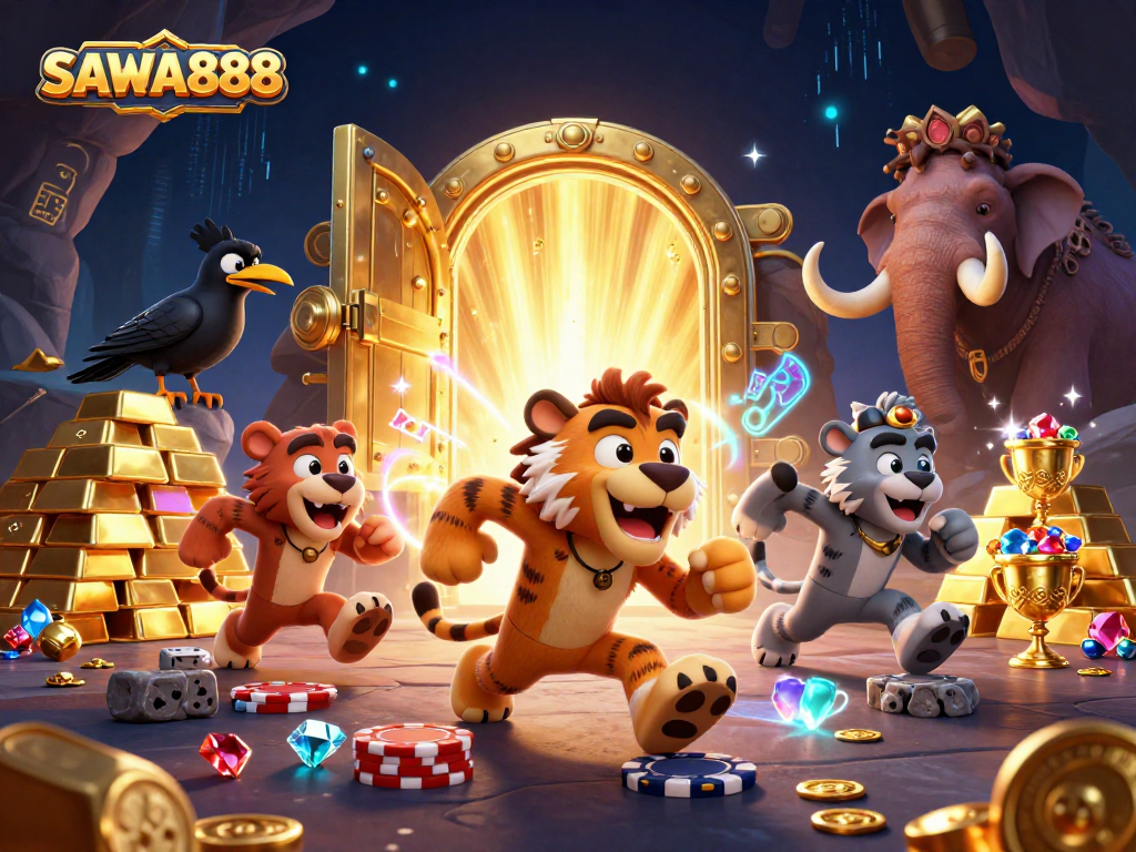 Engage with SAWA888's thrilling prehistoric casino, showcasing vibrant treasures and captivating gameplay.