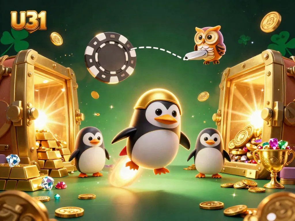 Experience thrilling U31 gaming with the golden penguin soaring towards a vibrant casino in space.