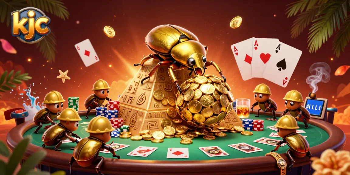 Experience a dynamic KJC casino scene with golden beetles rolling coins and poker elements.