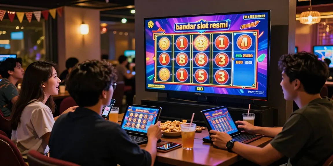 Gathered friends enjoying bandar slot resmi game night with vibrant visuals and snacks.