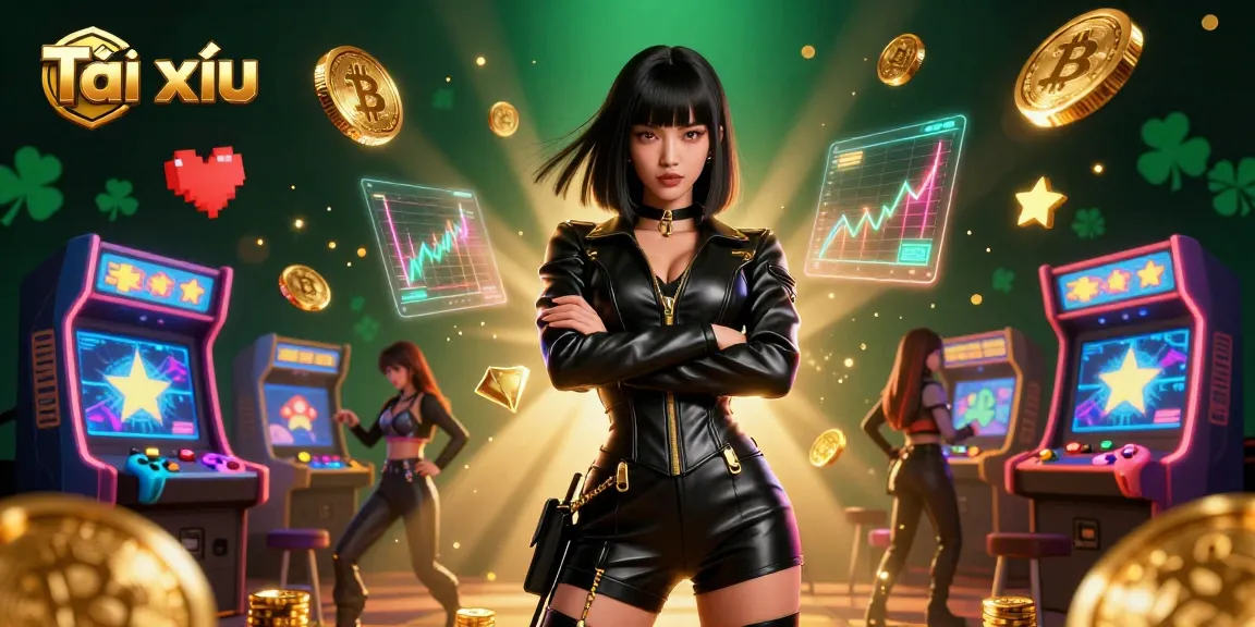 Tài xỉu engaging experience with a stunning Asian woman amidst glowing arcade games and Bitcoin elements.