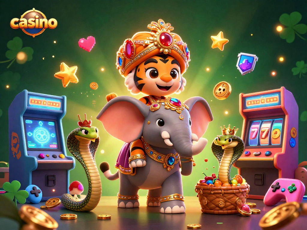 Play immersive slots with a jewel-encrusted elephant and cartoon maharaja tiger in the casino.