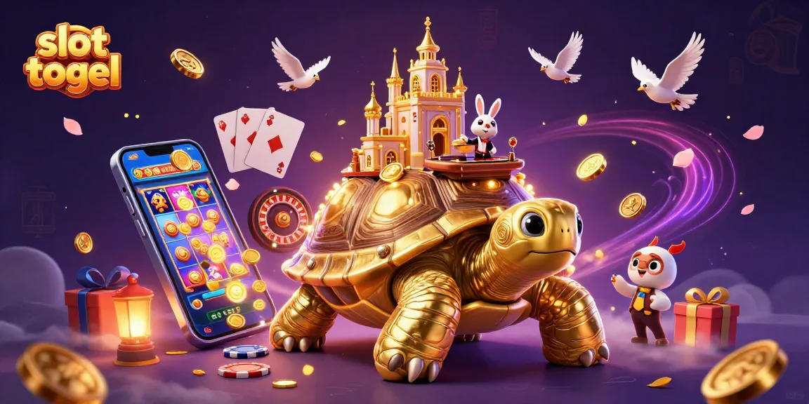 Engage with slot togel in an enchanting 3D world filled with a golden tortoise casino, playful dealer, and flying coins.
