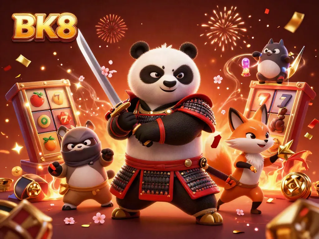 Engage with BK8's vibrant casino experience as a samurai panda and ninja fox celebrate wins with confetti and slot reels.